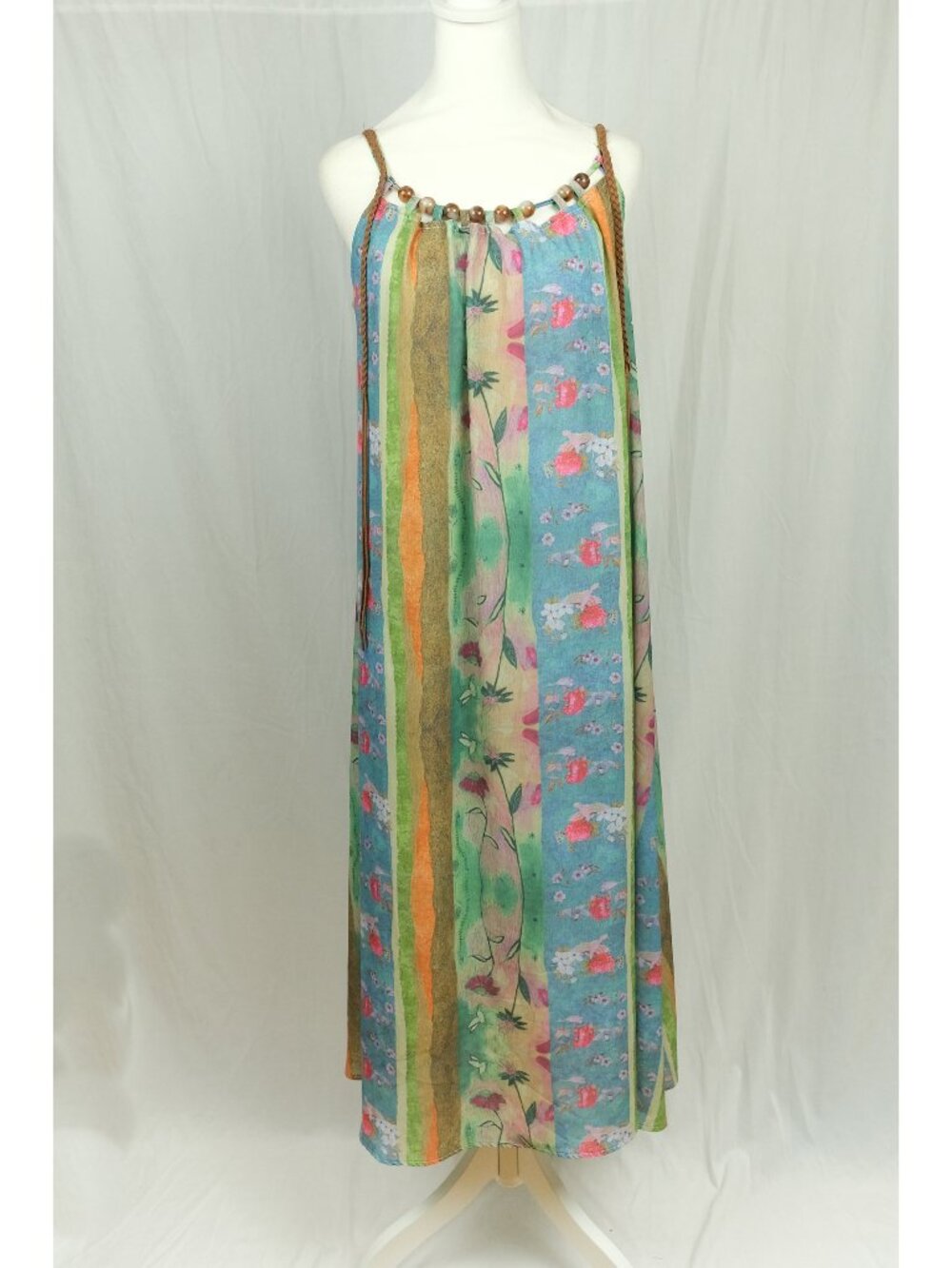 Boho Maxi Dress Floral Pattern Blue Stripe Size S